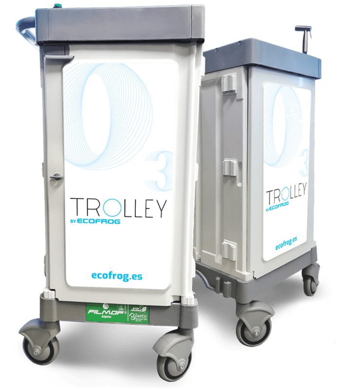 Dos carros de limpieza (trolley) con fregadero incorporado en la parte superior, vista frontal i en perspecticva, donde se puede ver una serigrafia blanca con el mensaje TROLLEY by ECOFROG y la web ecofrog.es.